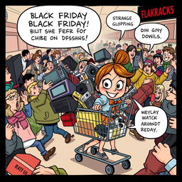 A funny cartoon featuring a girl humorously navigating a chaotic Black Friday shopping scene