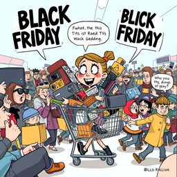 A funny cartoon featuring a girl humorously navigating a chaotic Black Friday shopping scene