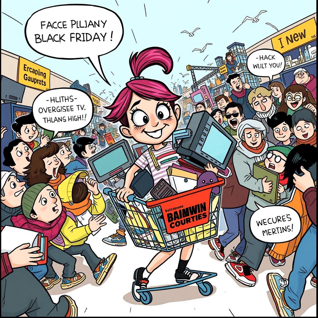 A funny cartoon featuring a girl humorously navigating a chaotic Black Friday shopping scene