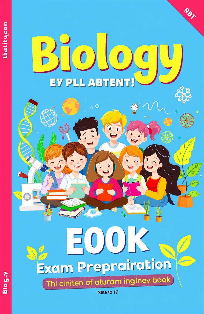 A vibrant and engaging book cover design for a biology exam preparation book, featuring a cheerful cartoon illustration of a diverse group of students studying together