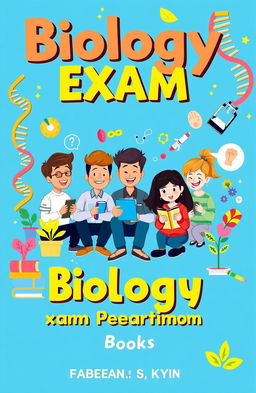 A vibrant and engaging book cover design for a biology exam preparation book, featuring a cheerful cartoon illustration of a diverse group of students studying together