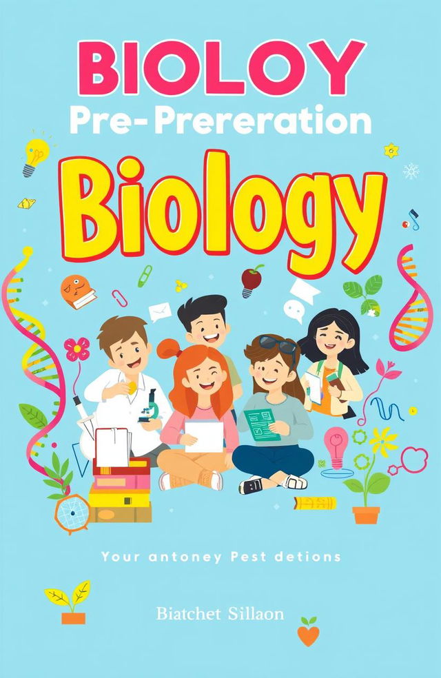 A vibrant and engaging book cover design for a biology exam preparation book, featuring a cheerful cartoon illustration of a diverse group of students studying together