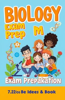 A vibrant and engaging book cover design for a biology exam preparation book, featuring a cheerful cartoon illustration of a diverse group of students studying together