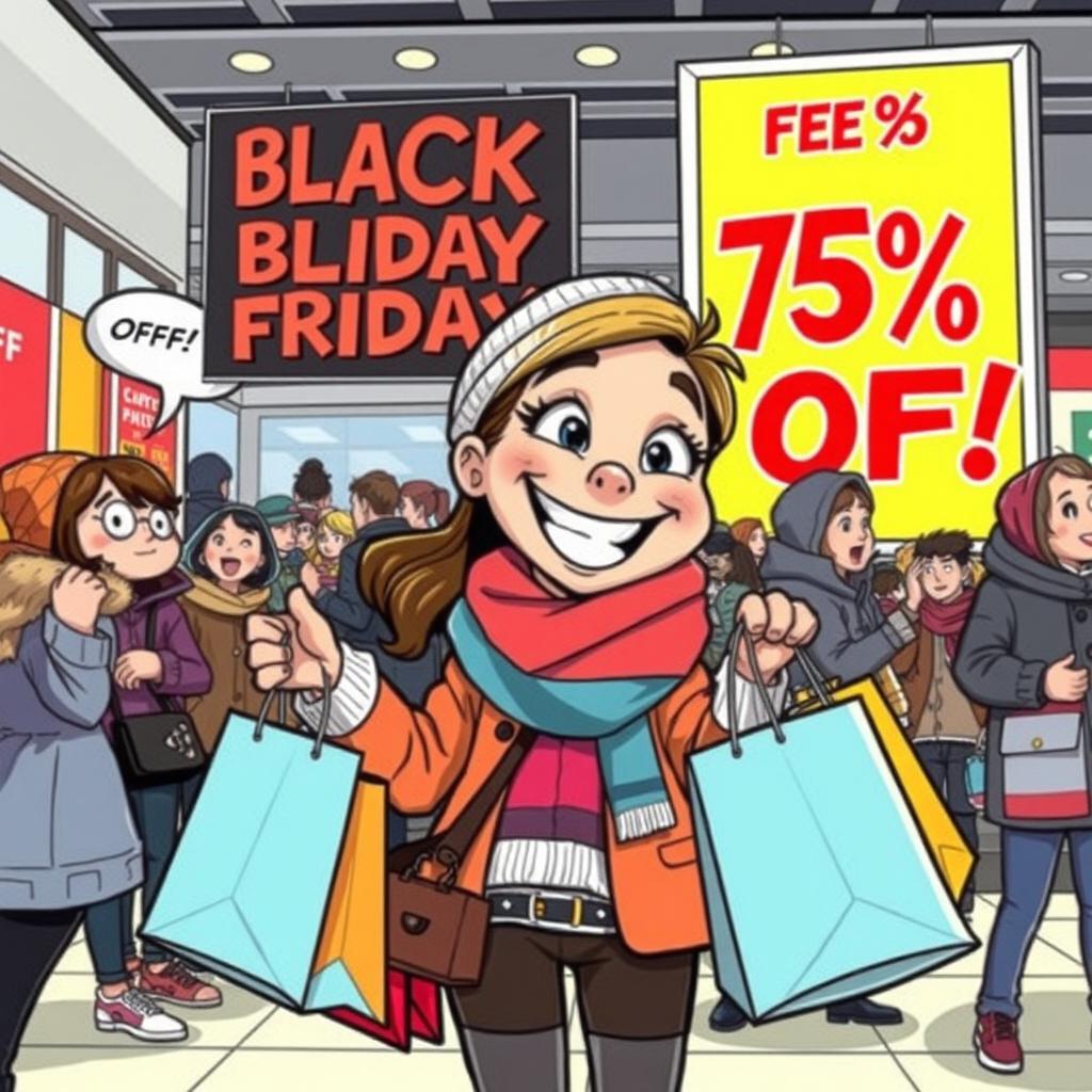 A humorous comic-style illustration of a girl with a big smile, shopping on Black Friday