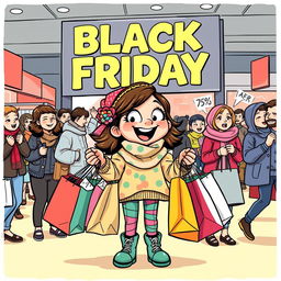 A humorous comic-style illustration of a girl with a big smile, shopping on Black Friday