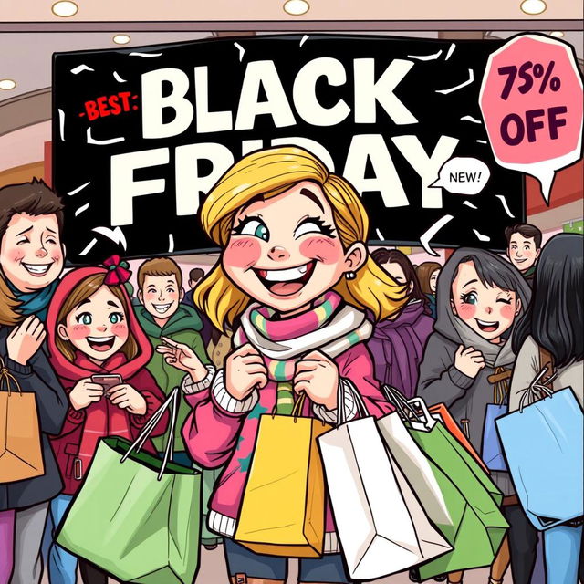 A humorous comic-style illustration of a girl with a big smile, shopping on Black Friday