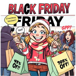 A humorous comic-style illustration of a girl with a big smile, shopping on Black Friday