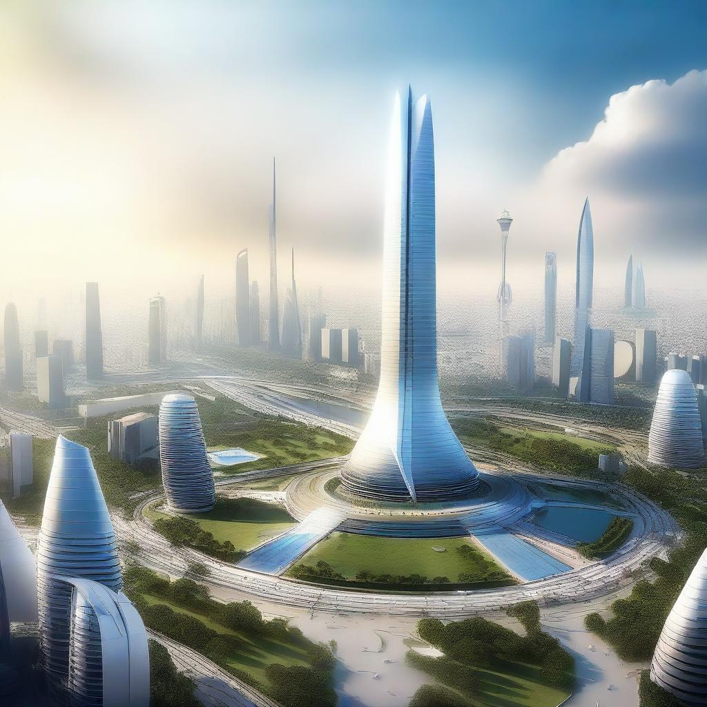 A futuristic digital art rendering of the Monas Tower in the year 2070