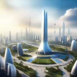 A futuristic digital art rendering of the Monas Tower in the year 2070