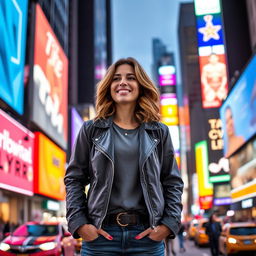 A 35-year-old woman standing in the bustling streets of New York City, surrounded by iconic skyscrapers and the vibrant energy of the city