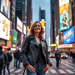 A 35-year-old woman standing in the bustling streets of New York City, surrounded by iconic skyscrapers and the vibrant energy of the city