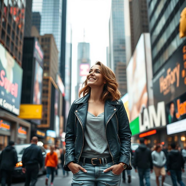 A 35-year-old woman standing in the bustling streets of New York City, surrounded by iconic skyscrapers and the vibrant energy of the city