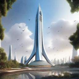 A futuristic digital art rendering of the Monas Tower in the year 2070