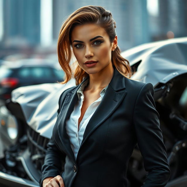 A young and attractive American lawyer with a lustful look on her face, dressed in a sleek, professional outfit