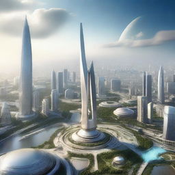 A futuristic digital art rendering of the Monas Tower in the year 2070