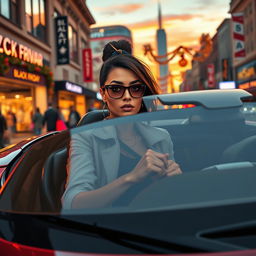 A stylish woman inspired by Grand Theft Auto, dressed in urban chic clothing, driving a sleek sports car through a bustling city on Black Friday