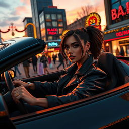 A stylish woman inspired by Grand Theft Auto, dressed in urban chic clothing, driving a sleek sports car through a bustling city on Black Friday