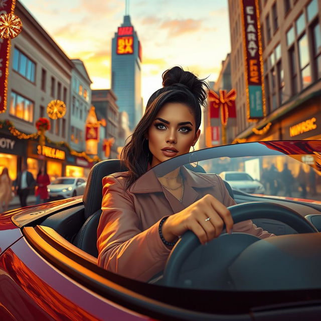 A stylish woman inspired by Grand Theft Auto, dressed in urban chic clothing, driving a sleek sports car through a bustling city on Black Friday