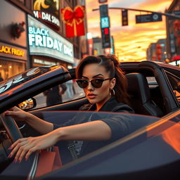 A stylish woman inspired by Grand Theft Auto, dressed in urban chic clothing, driving a sleek sports car through a bustling city on Black Friday