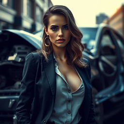 An extremely realistic, high-resolution photograph featuring a young, attractive American female lawyer exuding a seductive and lustful look