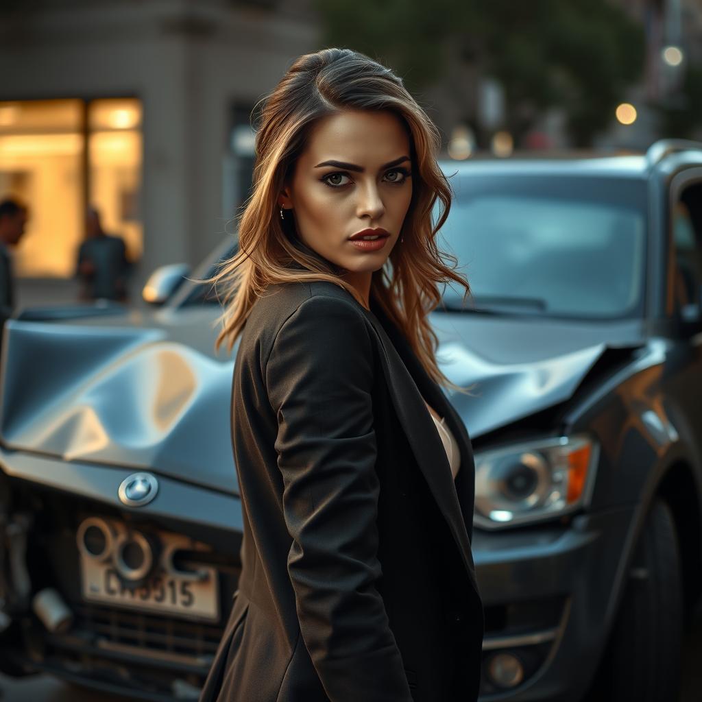 An extremely realistic, high-resolution photograph featuring a young, attractive American female lawyer exuding a seductive and lustful look