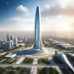 A futuristic digital art rendering of the Monas Tower in the year 2070