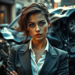 An extremely realistic, high-resolution photograph featuring a young, attractive American female lawyer exuding a seductive and lustful look