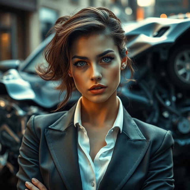 An extremely realistic, high-resolution photograph featuring a young, attractive American female lawyer exuding a seductive and lustful look