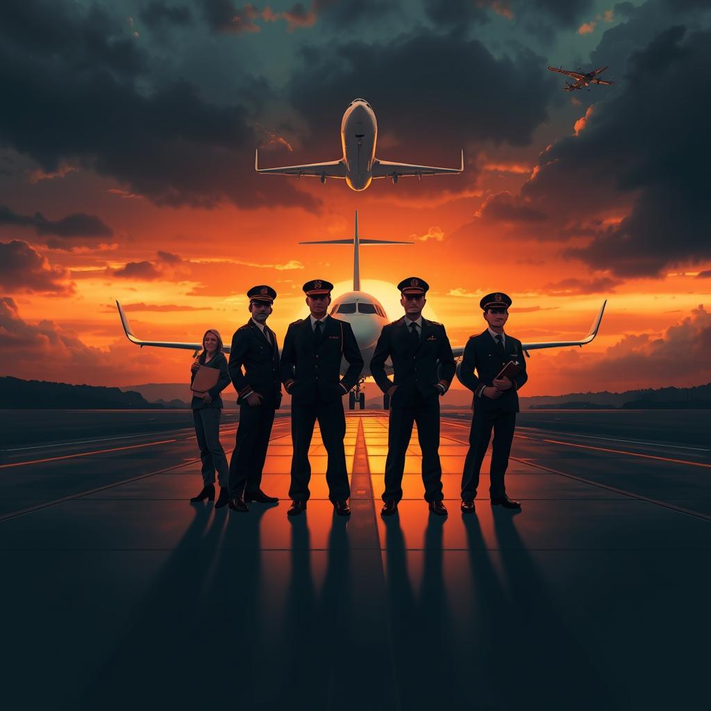 A dramatic and cinematic book cover-style illustration featuring four airline pilots standing confidently on a runway at dusk