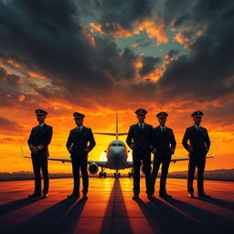 A dramatic and cinematic book cover-style illustration featuring four airline pilots standing confidently on a runway at dusk
