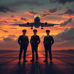 A dramatic and cinematic book cover-style illustration featuring four airline pilots standing confidently on a runway at dusk