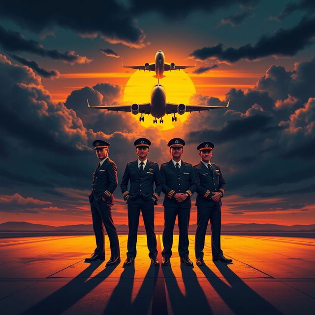 A dramatic and cinematic book cover-style illustration featuring four airline pilots standing confidently on a runway at dusk