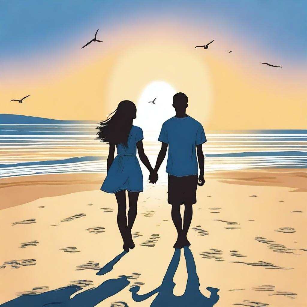 A high-quality digital art image capturing a teen couple at the beach