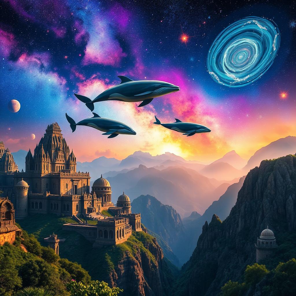 An ancient mountain city, featuring elaborate stone architecture and towering structures, set against a stunning galactic sky filled with vibrant colors and swirling stars