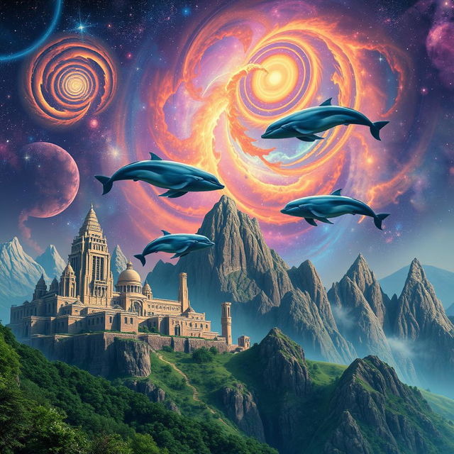 An ancient mountain city, featuring elaborate stone architecture and towering structures, set against a stunning galactic sky filled with vibrant colors and swirling stars