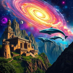 An ancient mountain city, featuring elaborate stone architecture and towering structures, set against a stunning galactic sky filled with vibrant colors and swirling stars