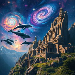 An ancient mountain city, featuring elaborate stone architecture and towering structures, set against a stunning galactic sky filled with vibrant colors and swirling stars