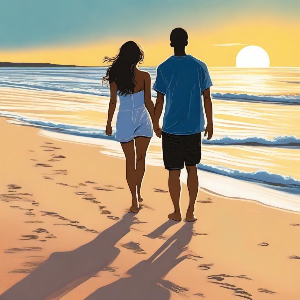 A high-quality digital art image capturing a teen couple at the beach