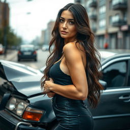A young, sexy, and stylish Ukrainian teacher exuding confidence with a lustful look in her eyes, standing next to a crushed car