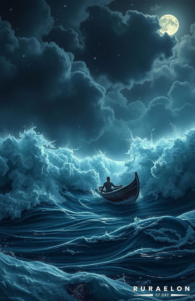 A lone man in a small rowboat battling against gigantic foamy waves in a stormy sea