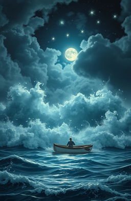 A lone man in a small rowboat battling against gigantic foamy waves in a stormy sea