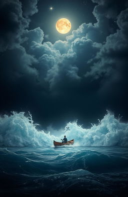 A lone man in a small rowboat battling against gigantic foamy waves in a stormy sea