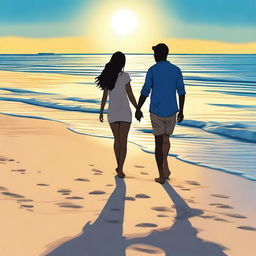 A high-quality digital art image capturing a teen couple at the beach