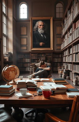 A tranquil academic scene set in a large, well-lit library filled with rows of ancient books