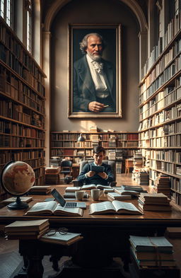 A tranquil academic scene set in a large, well-lit library filled with rows of ancient books
