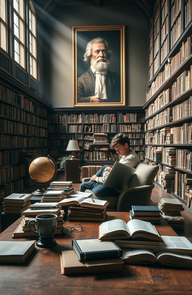 A tranquil academic scene set in a large, well-lit library filled with rows of ancient books