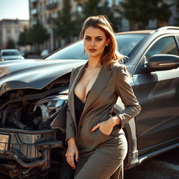 A young, sexy, stylish Ukrainian lawyer with a lustful look, confidently posing next to a crushed car