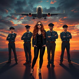 A dramatic and cinematic book cover-style illustration featuring four airline pilots standing confidently on a runway at dusk, with a stylish young woman in front of them