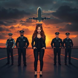 A dramatic and cinematic book cover-style illustration featuring four airline pilots standing confidently on a runway at dusk, with a stylish young woman in front of them