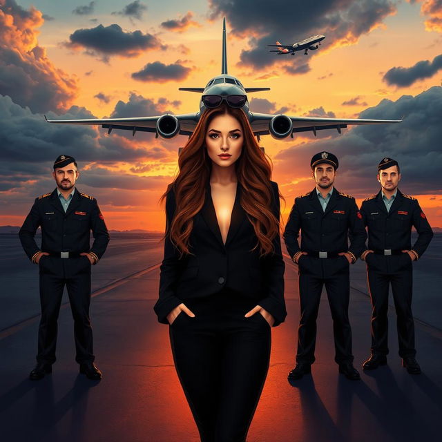 A dramatic and cinematic book cover-style illustration featuring four airline pilots standing confidently on a runway at dusk, with a stylish young woman in front of them